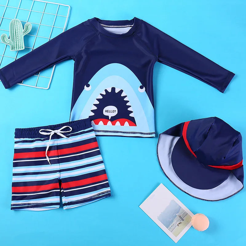 Beach Camp 2025 Summer Split Swimsuit Set Baby Boys Girls Long Sleeves/Short Sleeves Bathing Suit+Swim Shorts+Swimming Cap Three-piece Set