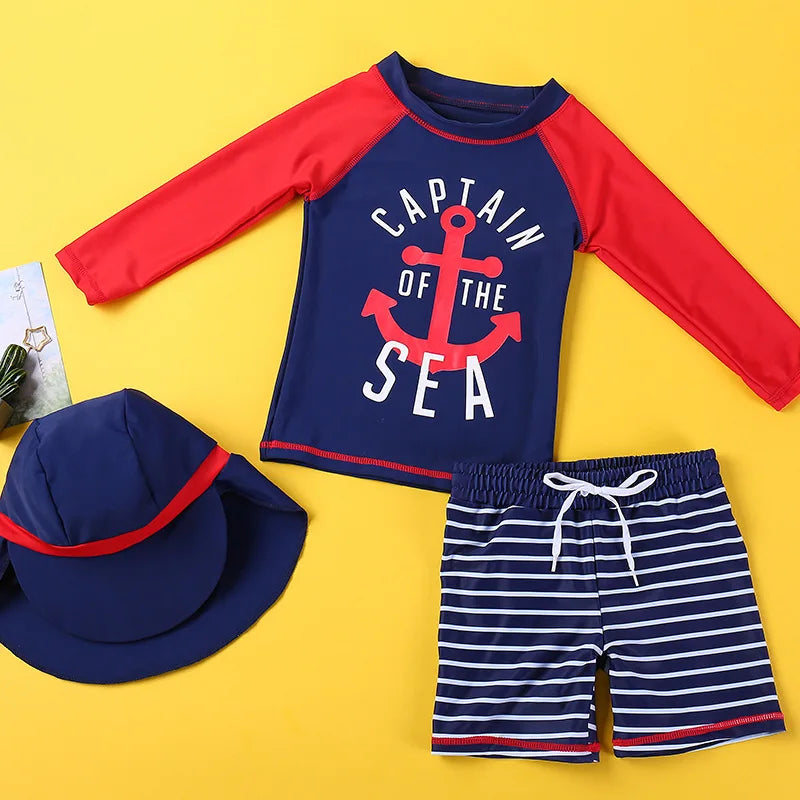 Beach Camp 2025 Summer Split Swimsuit Set Baby Boys Girls Long Sleeves/Short Sleeves Bathing Suit+Swim Shorts+Swimming Cap Three-piece Set