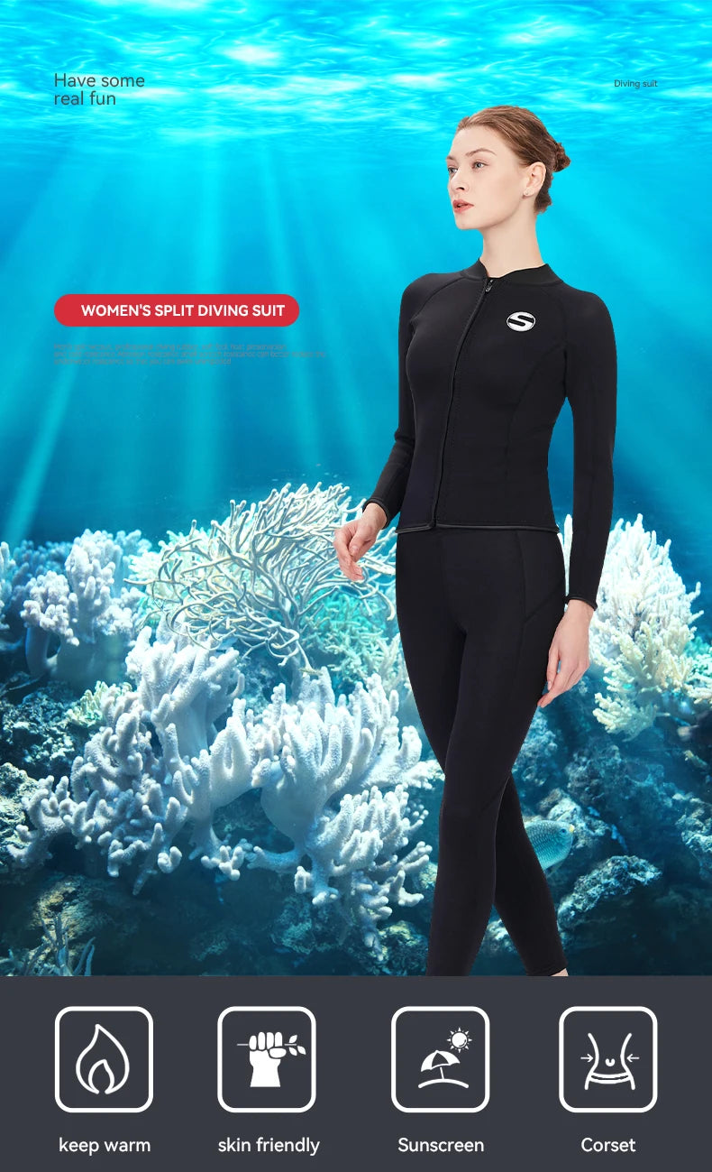 Women's Professional Diving Suit Cold Proof Warm 3mm Neoprene Top Pants Split Suit Ladies Thick Wading Swimming Surfing Wetsuit