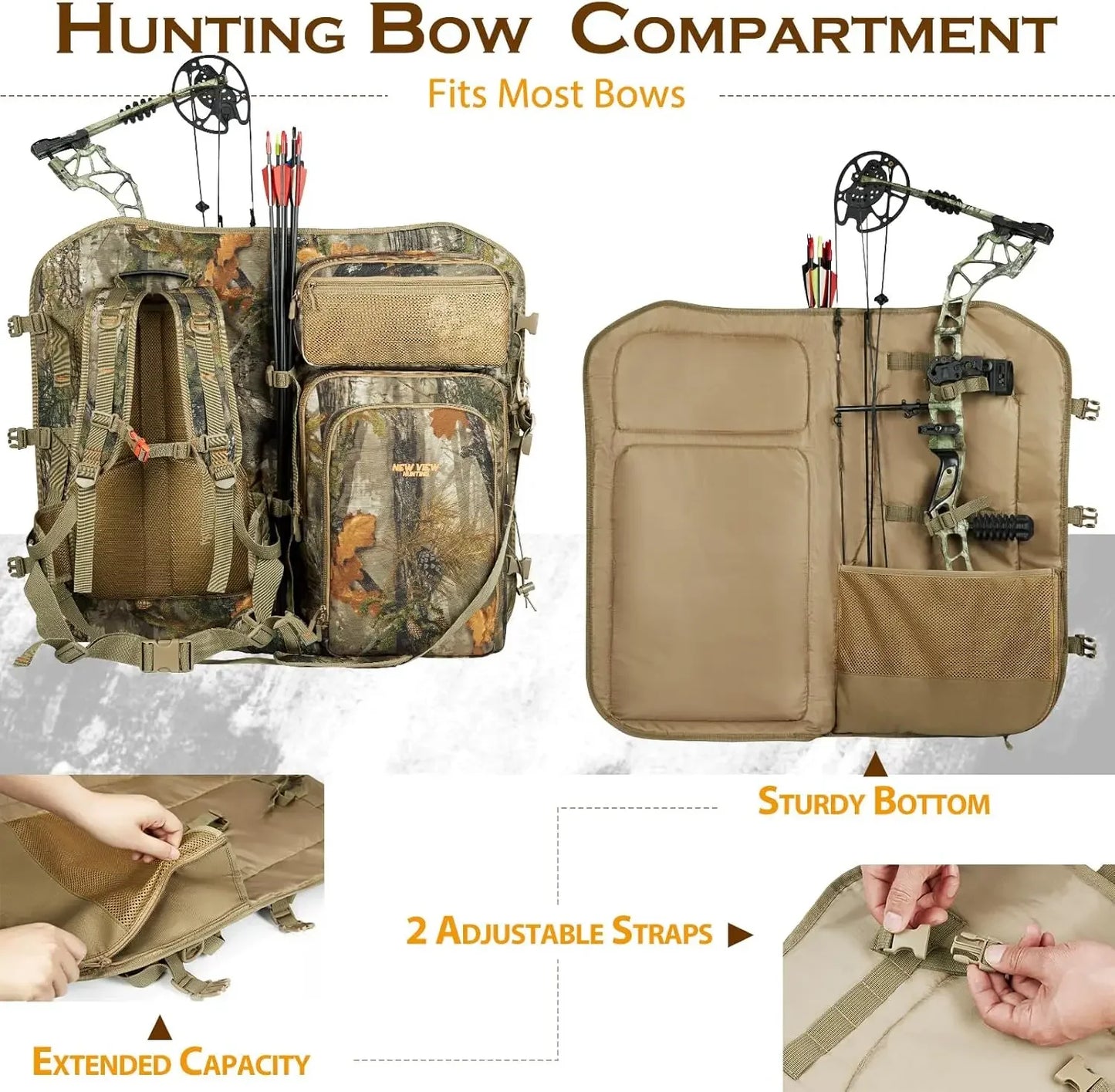 Beach Camp Bow Hunting Backpack for Men, Camo Compound Bag & Tree Saddle Back Pack with Bow Holder, for Elk Turkey Bear Deer