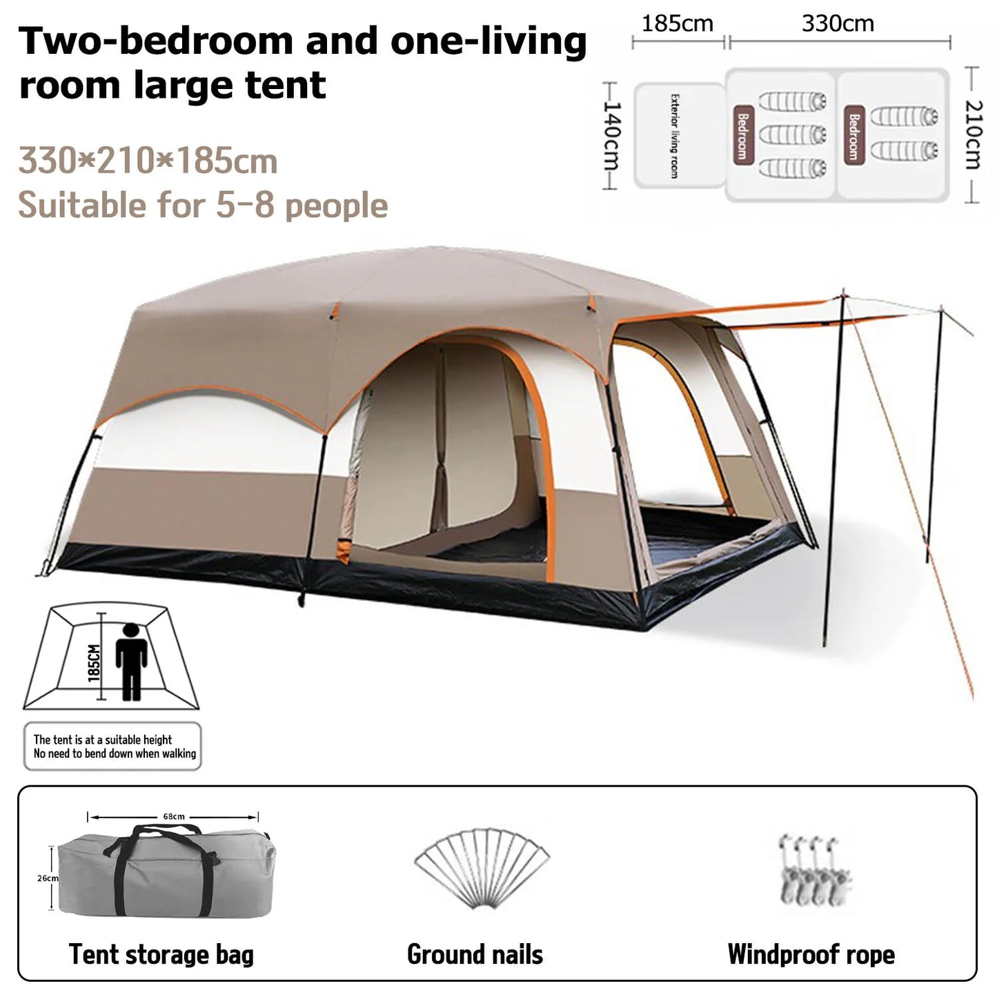 Beach Camp Outdoor Camping Family Tent, Thick Waterproof Family Camping Tour Equipment, Double Layer for 3-12 Persons, Oversized 2 Rooms