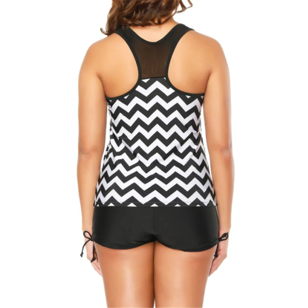 Beach Camp Women Swimsuit Wave Stripe Bathing Suit Sexy Swimwear Top Shorts Set