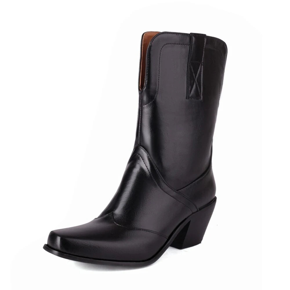 Botas De Mujer Western Cowboy Boots Retro Black Mid Calf Boots for Women Thick High Heels Goth Shoes Big Size 34-48 777-11