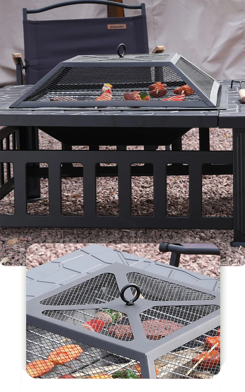 Beach Camp Outdoor Barbecue Grill, Charcoal BBQ Tool, Fire Pit, Square, Courtyard, Camping Table, Family Gathering, 3 in 1
