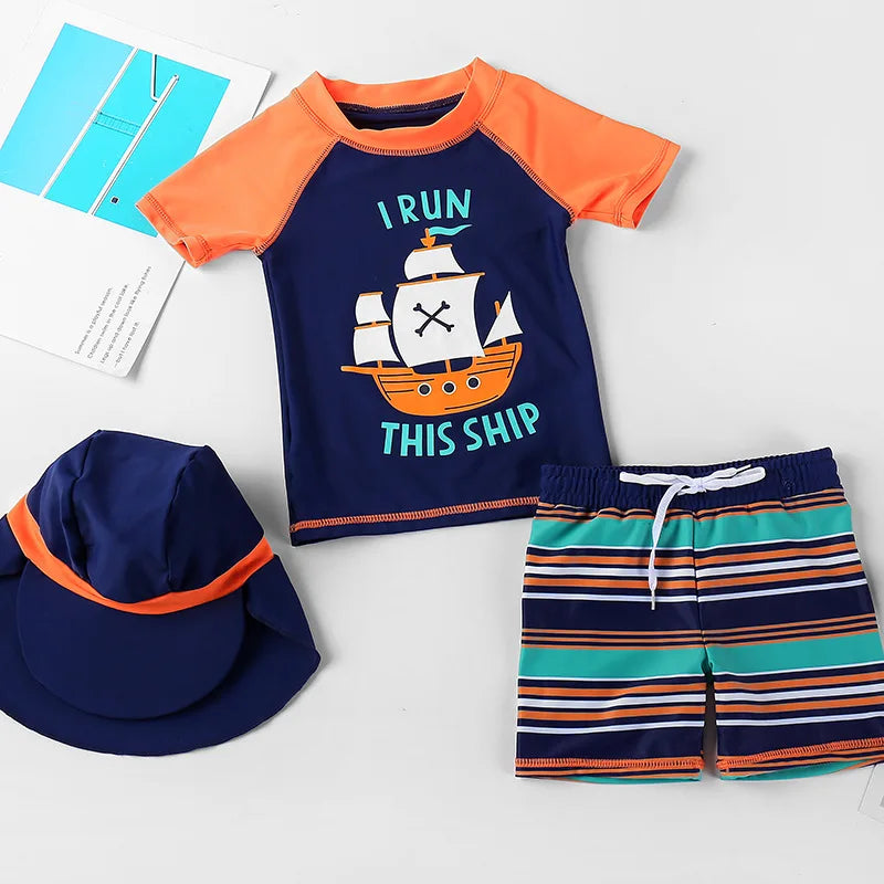 Beach Camp 2025 Summer Split Swimsuit Set Baby Boys Girls Long Sleeves/Short Sleeves Bathing Suit+Swim Shorts+Swimming Cap Three-piece Set