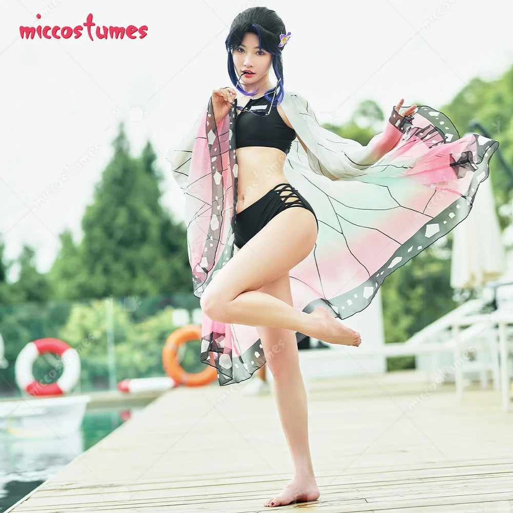 Beach Camp Women Bathing Suit Two Piece Bathing Suit Swimwear with Strapped Butterfly-Printed Kimono Haori Cover Up