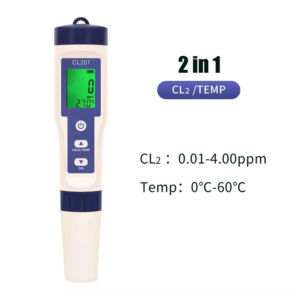 Beach Camp 5 in 1 Chlorine Meter PH/CL2/H2/ORP/Temperature Meter Water Quality Tester for Pools Drinking Water Aquarium Aquaculture