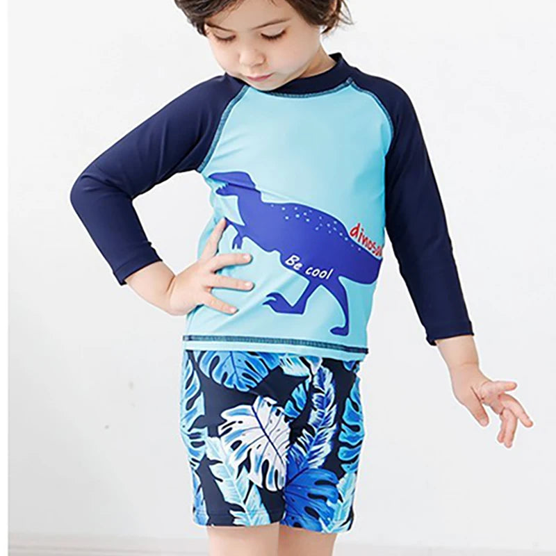 Beach Camp 3PCS Boys Split Swimsuit Sunscreen Prevention UPF 50+ Quick Dry Dinosaur Print Trunk Long Sleeve Rashguard Swimwear Sun Hat Set