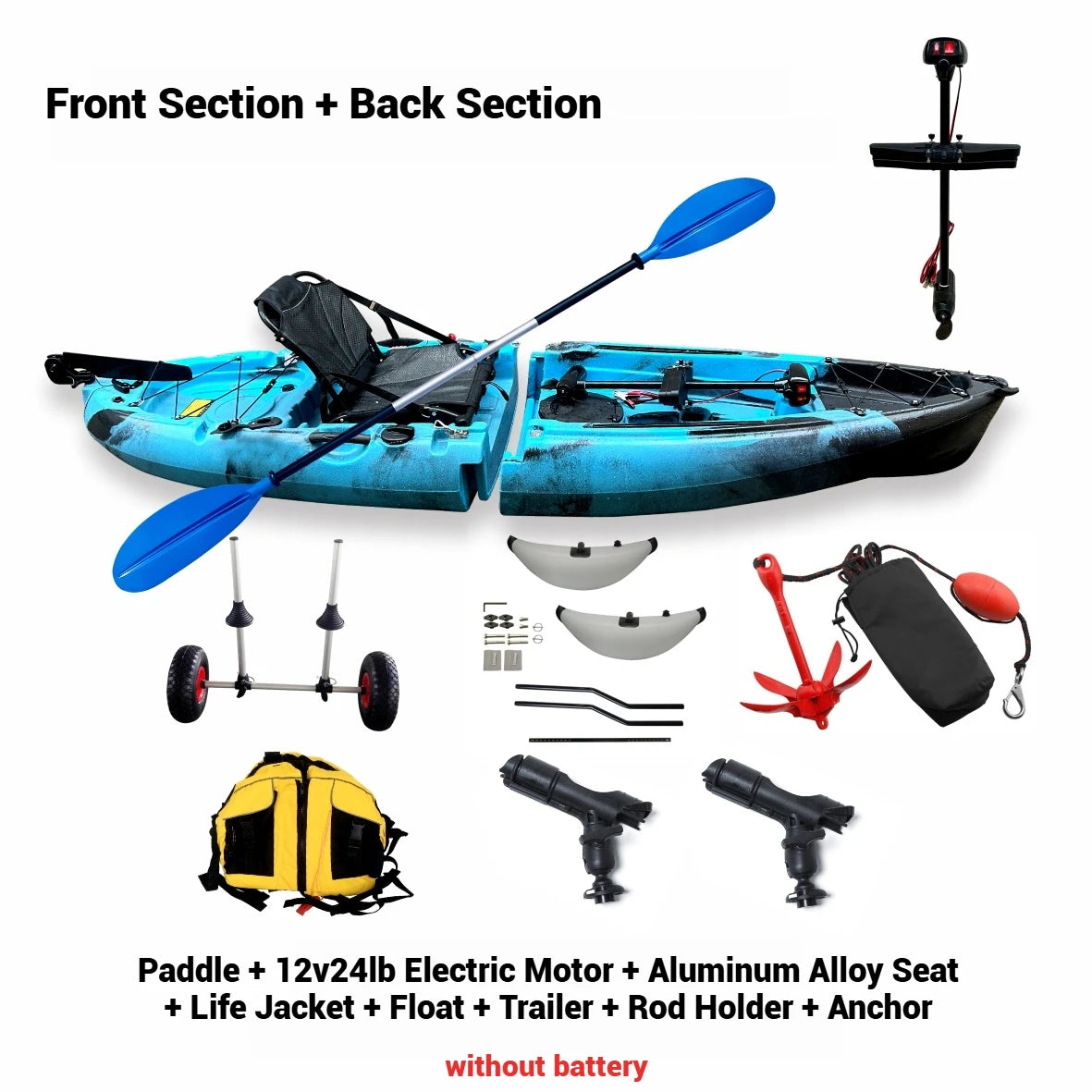 Beach Camp Portable LLDPE Kayak with Split Hard Shell, Electric/Pedal-Driven Canoe for Solo/Tandem Lake/Sea Adventures, Modular Assembly