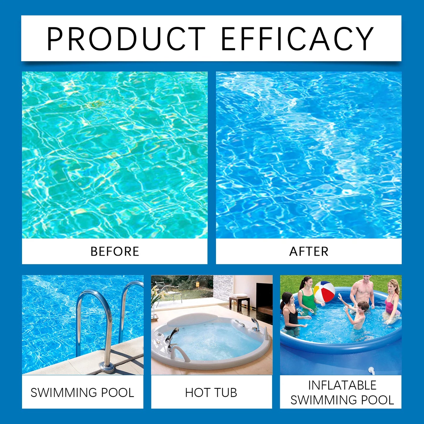 Beach Camp Swimming pool clarifier; used to improve the water quality of public outdoor swimming pools in the home.