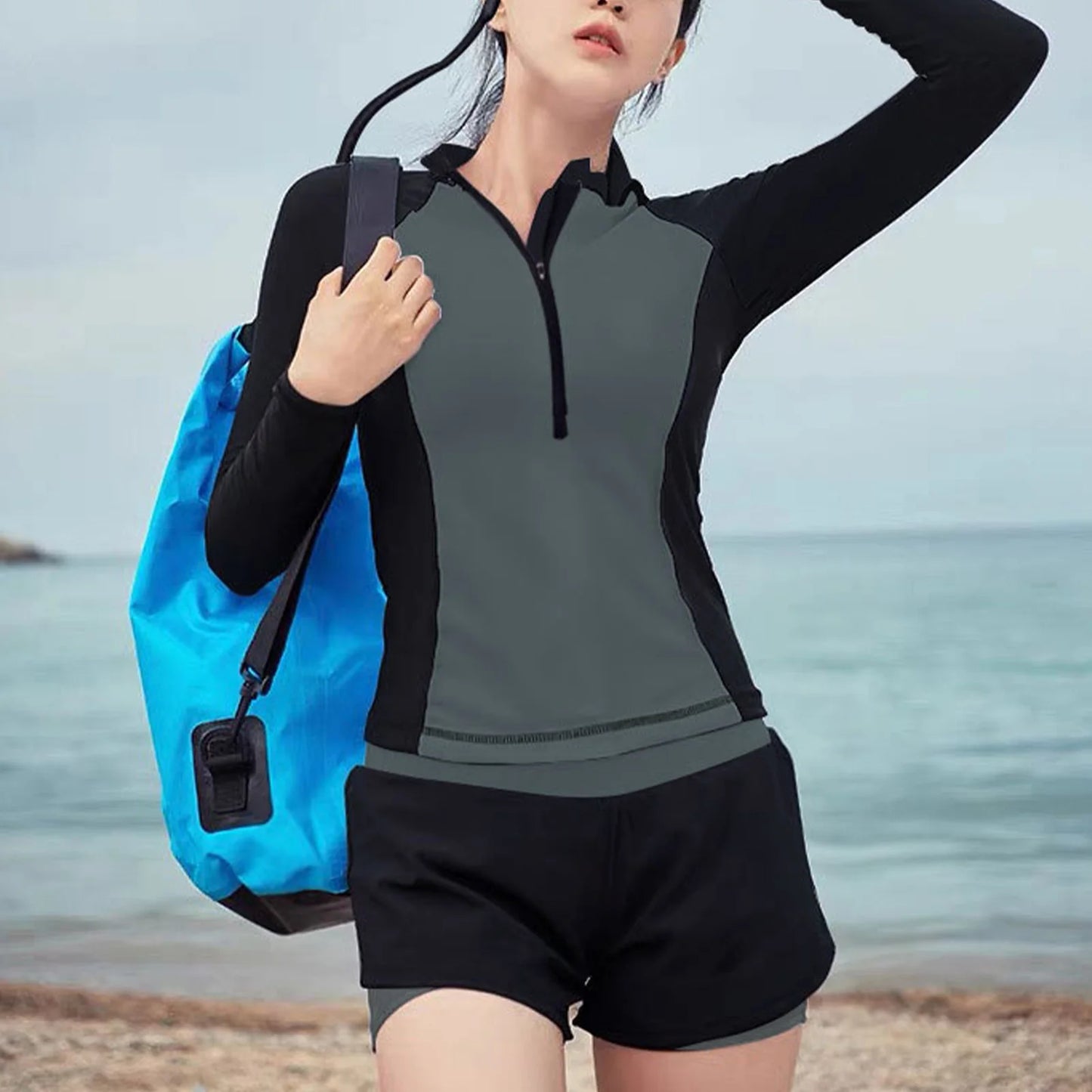 Beach Camp Rash Guard Women Long Sleeve Swimsuit Fashionable Sun Crewneck Quick Dry Two Piece Sports Bathing Suit Two Piece Swimsuit Set