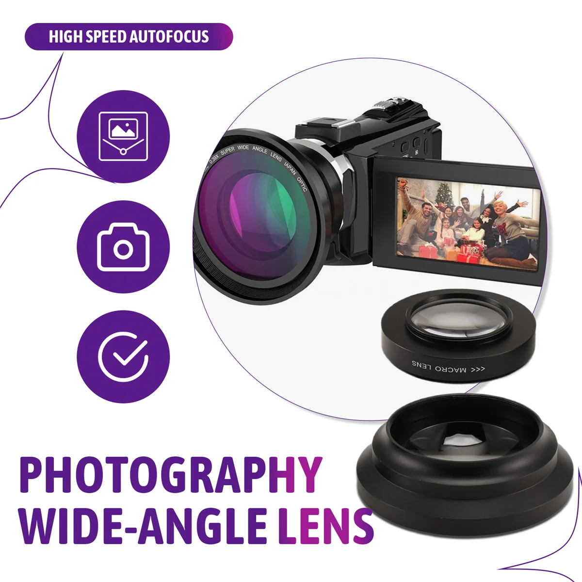 Beach Camp Professional 37mm Macro+72mm Wide Angle Lens 0.39X Full HD for 4K Camcorder