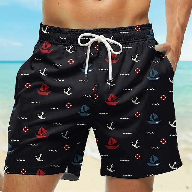 Beach Camp Men's Board Shorts Swim Trunks Drawstring Elastic Quick Dry Short Beach Hawaiian Casual Black White Micro-elastic