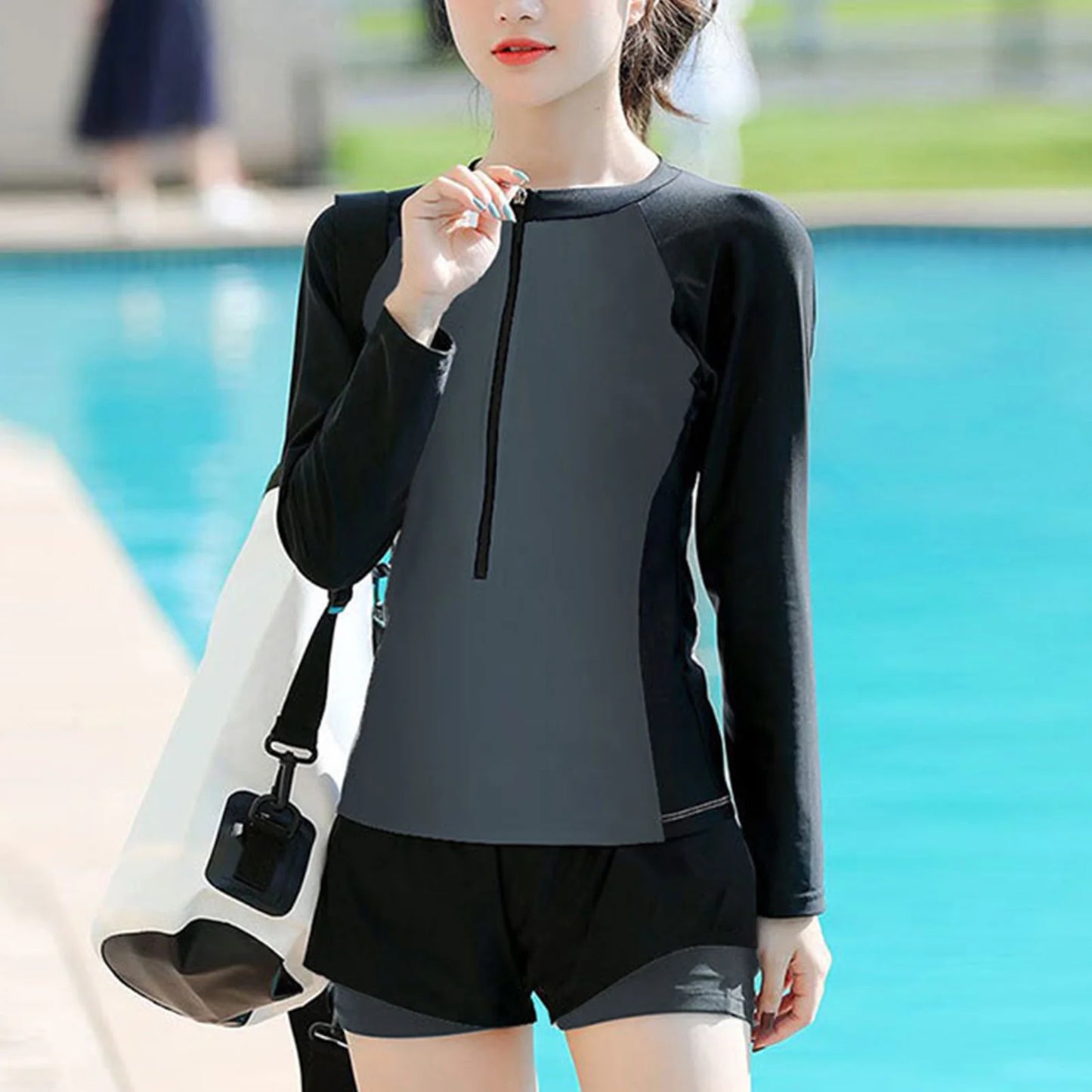 Beach Camp Rash Guard Women Long Sleeve Swimsuit Fashionable Sun Crewneck Quick Dry Two Piece Sports Bathing Suit Two Piece Swimsuit Set