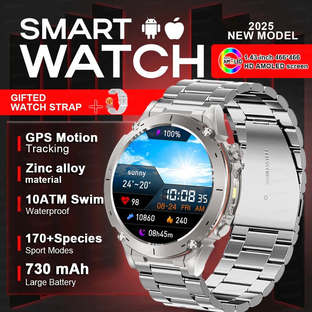 Beach Camp New GPS Smart Watch 1.43" Ultra HD Display Built-in GPS Compass 170 Sports Modes Voice Calling 10ATM Waterproof Smart Braceletes