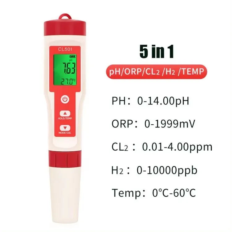 Beach Camp 5 in 1 Chlorine Meter PH/CL2/H2/ORP/Temperature Meter Water Quality Tester for Pools Drinking Water Aquarium Aquaculture
