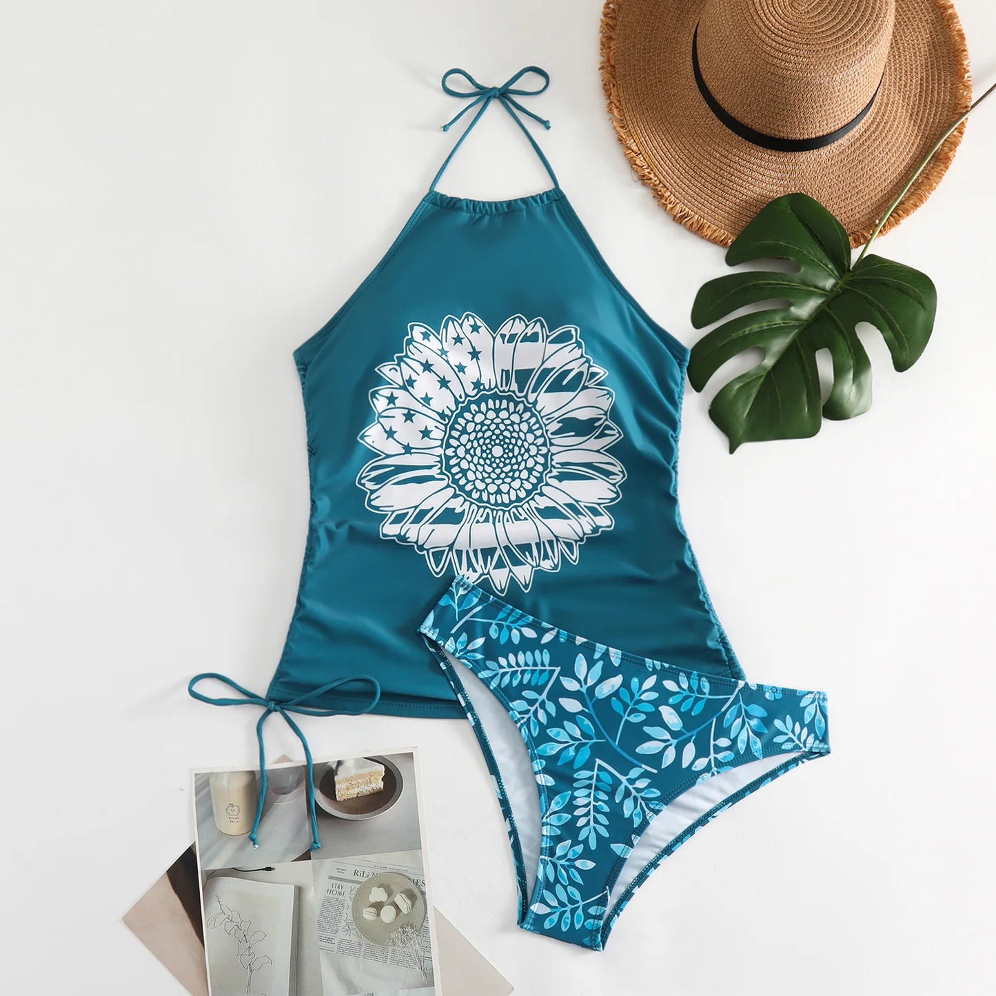 Beach Camp Women's Bathing Suit Coconut Drawstring Side High Neck Tankini Set Summer Beach Wear Cute Swimwear Fashion Swimsuit 2025 New