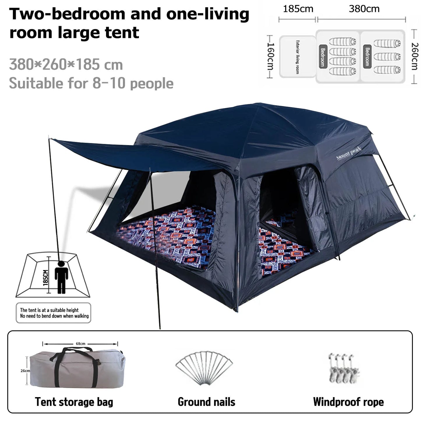 Beach Camp Outdoor Camping Family Tent, Thick Waterproof Family Camping Tour Equipment, Double Layer for 3-12 Persons, Oversized 2 Rooms