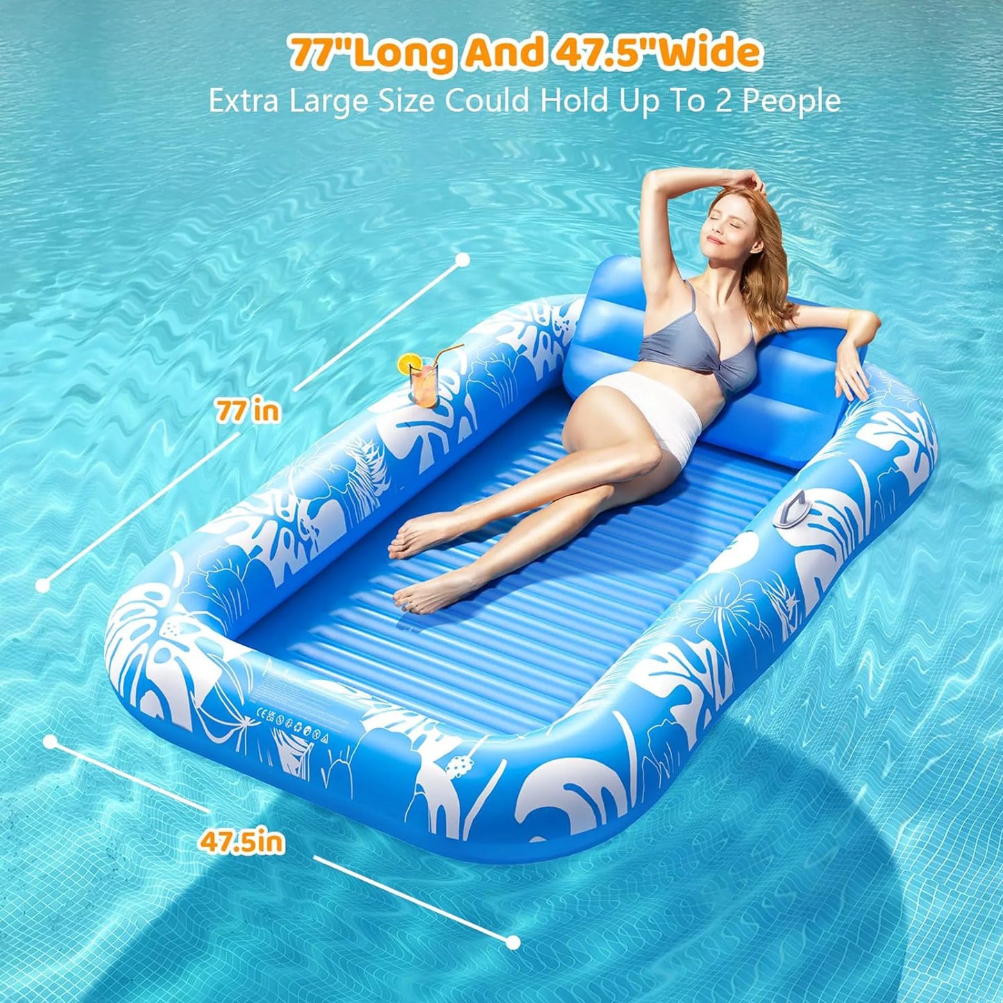 Beach Camp Inflatable Tanning Pool Lounger Float with Sprinkler, 77" x 48" Pool Floats Adult with Pillow, 6 in 1 Suntan Tub Raft Floatie