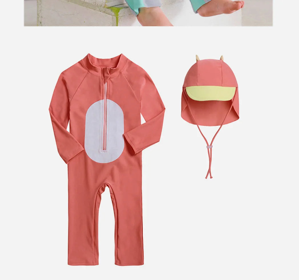 Beach Camp Baby Swimwear One-piece Bathing Suit Boys Girls Swimsuit Long Sleeves and Pants Sun Protection Surf Suit with Sun Hat