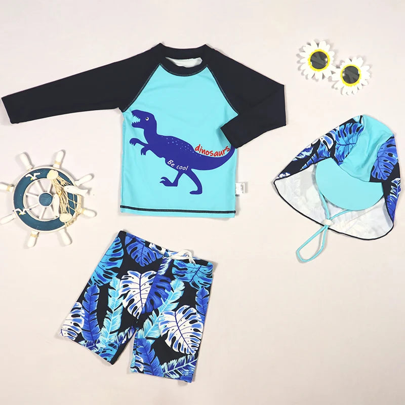 Beach Camp 3PCS Boys Split Swimsuit Sunscreen Prevention UPF 50+ Quick Dry Dinosaur Print Trunk Long Sleeve Rashguard Swimwear Sun Hat Set