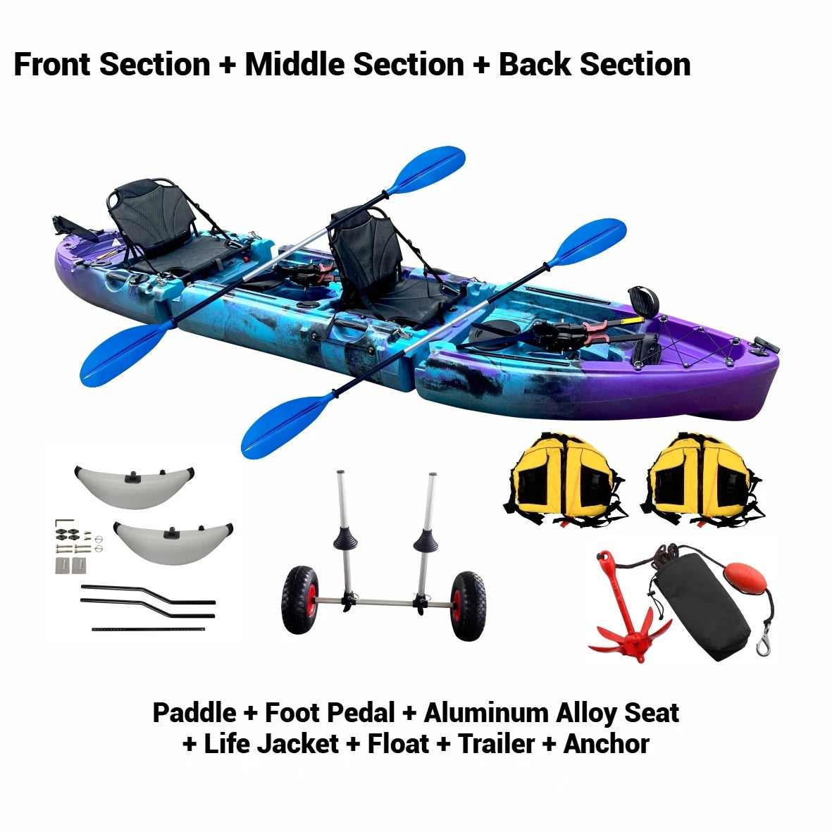 Beach Camp Portable LLDPE Kayak with Split Hard Shell, Electric/Pedal-Driven Canoe for Solo/Tandem Lake/Sea Adventures, Modular Assembly