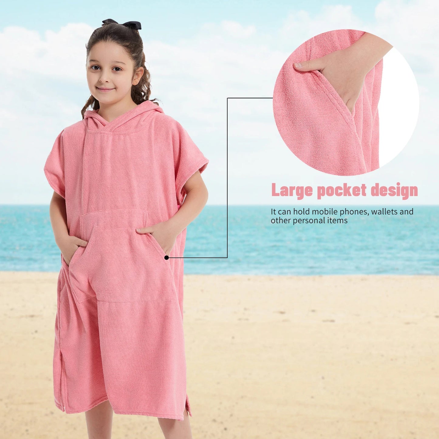 Beach Camp Kids Bath Hooded Changing Towel Robe, Swimming Robe Surf Beach Poncho, Quick Dry Absorbent Surf Poncho, Microfiber Towels