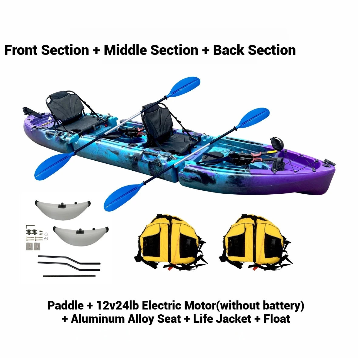 Beach Camp Portable LLDPE Kayak with Split Hard Shell, Electric/Pedal-Driven Canoe for Solo/Tandem Lake/Sea Adventures, Modular Assembly