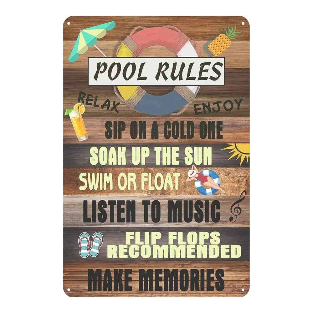 Beach camp Pool Rules Sign for Outdoor, Backyard Metal Swimming Pool Sign, No Diving No Running No Peeing No Lifeguard on Duty Sign