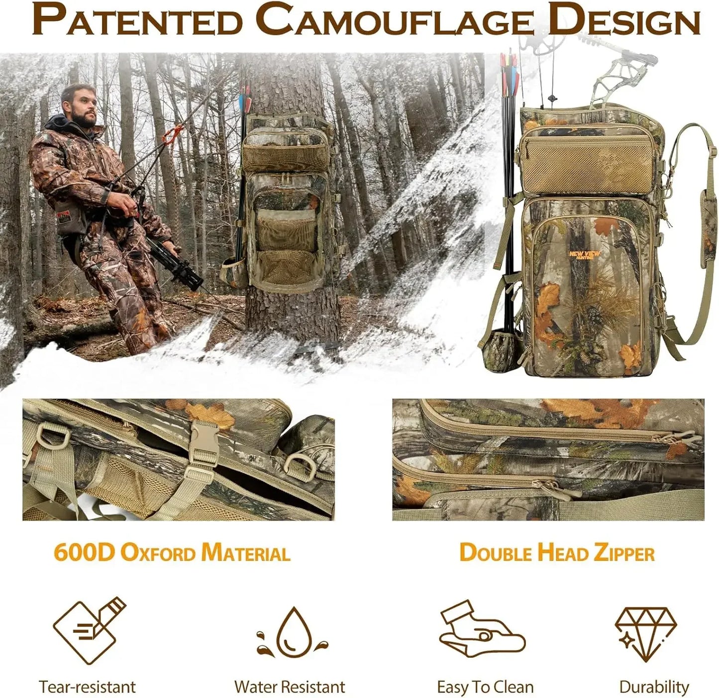Beach Camp Bow Hunting Backpack for Men, Camo Compound Bag & Tree Saddle Back Pack with Bow Holder, for Elk Turkey Bear Deer