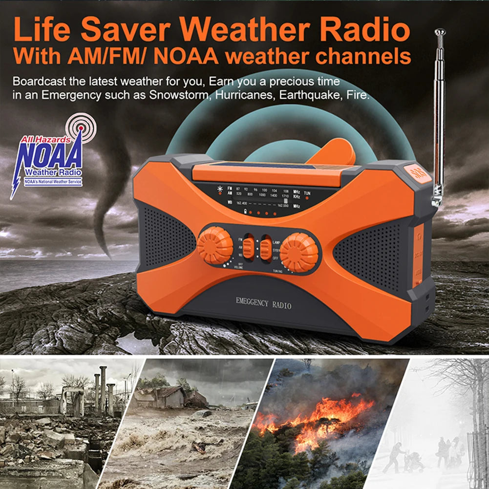 Beach Camp 12000mAh AM/FM/NOAA Emergency Radio Mini Portable Radio Solar Hand Crank Wnid-up Weather Alert Emergency Radio Survival Lamp