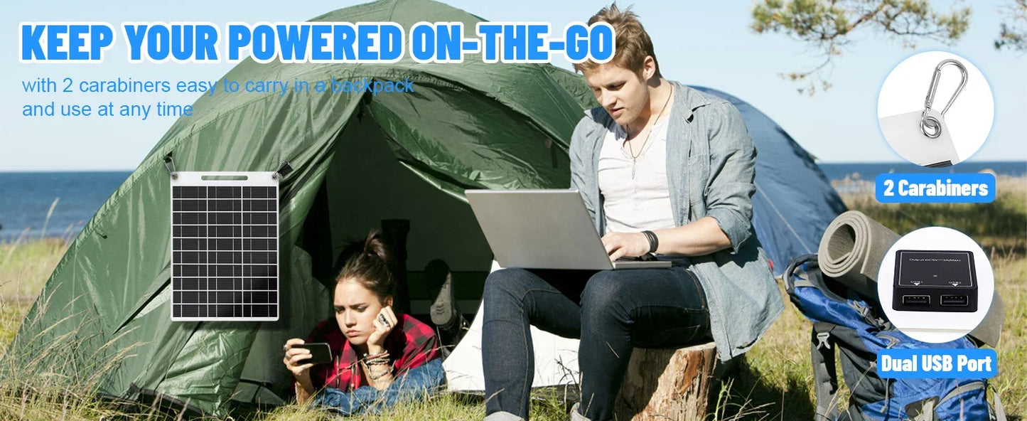 Beach Camp Portable solar power bank with two USB ports, suitable for outdoor camping, charging mobile phones or other electronic devices.