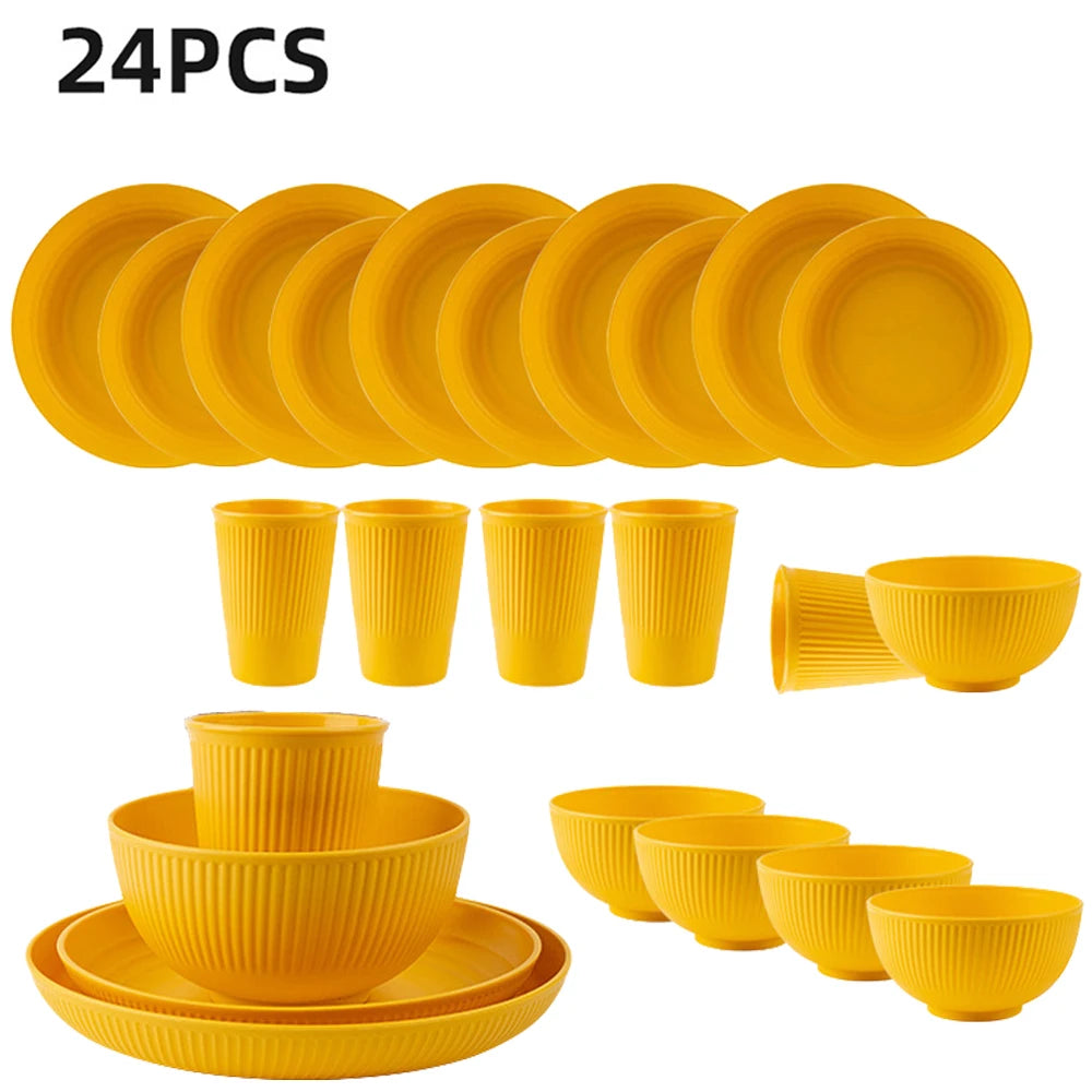 24Pcs Plastic Dining Plate Bowl Cup Tableware Set for 6 People Dinner Dessert Plate Set Outdoor Camping Party