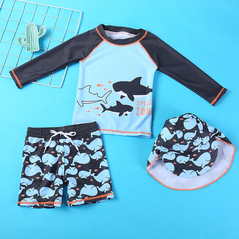 Beach Camp 2025 Summer Split Swimsuit Set Baby Boys Girls Long Sleeves/Short Sleeves Bathing Suit+Swim Shorts+Swimming Cap Three-piece Set