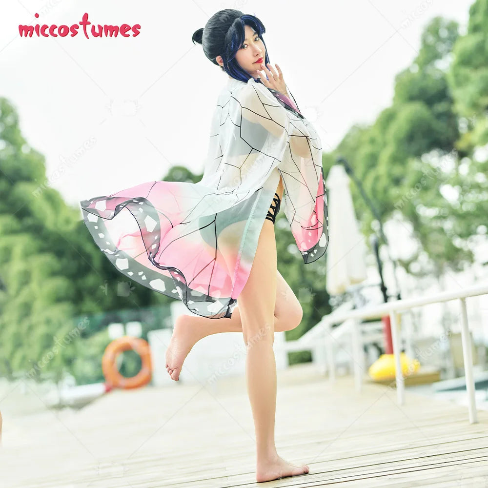 Beach Camp Women Bathing Suit Two Piece Bathing Suit Swimwear with Strapped Butterfly-Printed Kimono Haori Cover Up