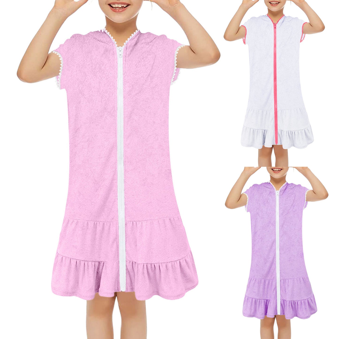 Beach Camp 3-11 Years Little Girls Swim Cover Up Kids Swimsuit Coverup Beach Bathing Suit Hooded Bathrobe Absorbent Terry Beach Dress New