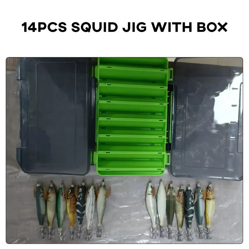Fishing Lure 14PCS Fishing Wood Shrimp Luminous Squid Octopus Cuttlefish Bait 3D Eye Hard Bait Professional Fishing Tool