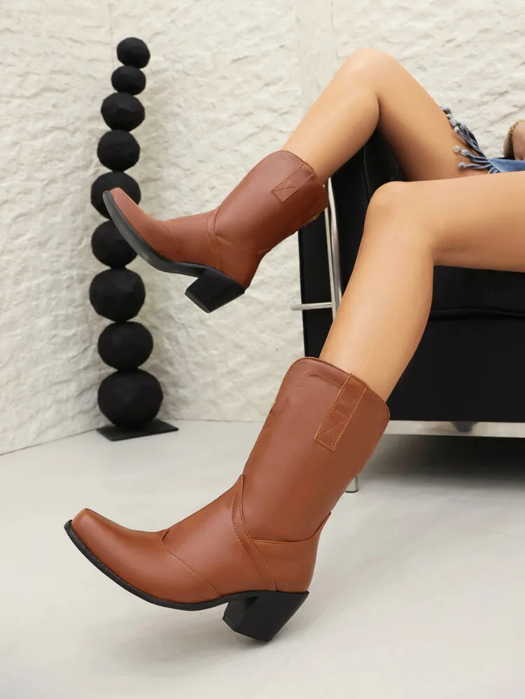 Botas De Mujer Western Cowboy Boots Retro Black Mid Calf Boots for Women Thick High Heels Goth Shoes Big Size 34-48 777-11