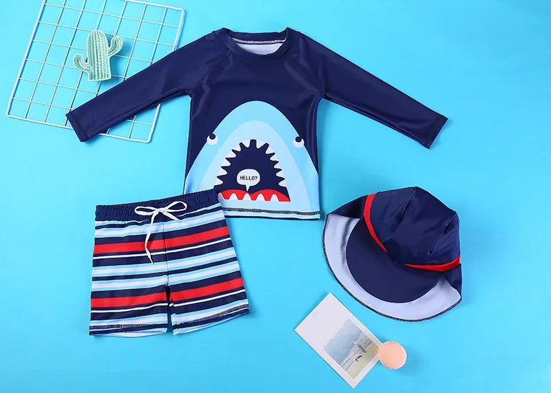Beach Camp 2025 Summer Split Swimsuit Set Baby Boys Girls Long Sleeves/Short Sleeves Bathing Suit+Swim Shorts+Swimming Cap Three-piece Set