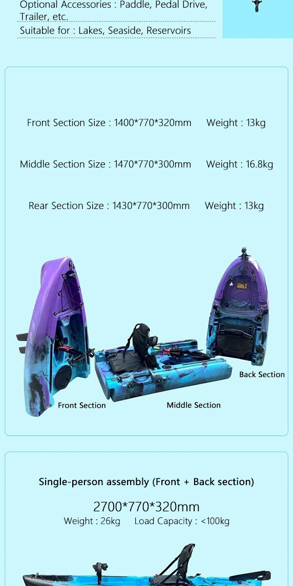 Beach Camp Portable LLDPE Kayak with Split Hard Shell, Electric/Pedal-Driven Canoe for Solo/Tandem Lake/Sea Adventures, Modular Assembly