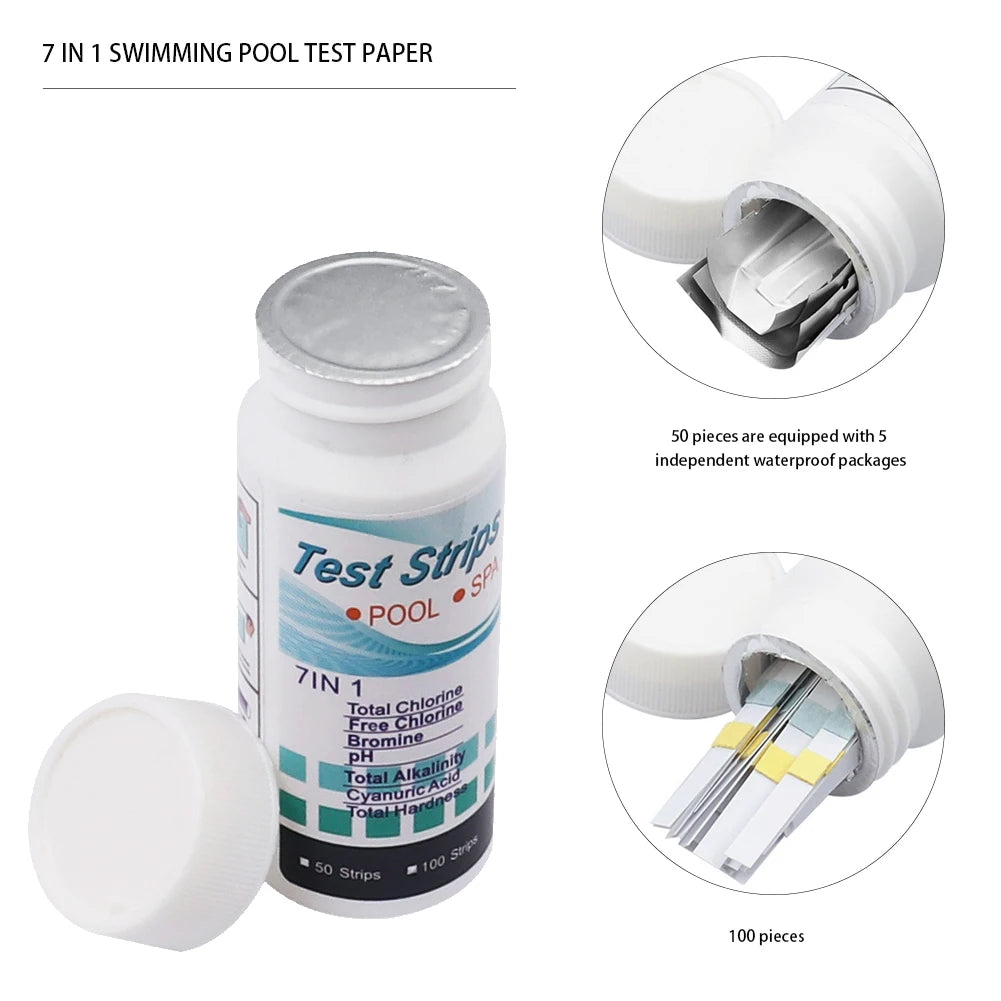7 in 1 Swimming Pool PH Test Paper Multipurpose Chlorine/PH/Hardness/Bromine Test Strips Swimming Pool Water Tester Paper