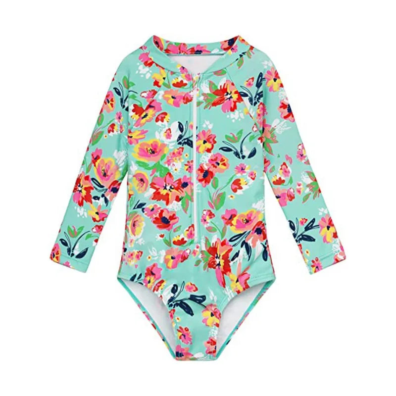 Beach Camp New Children Swimsuits Girls Fashion Designed Long Sleeve One-Piece Swimwear Toddler Kids Sun Protection Bathing Suits Beachwear