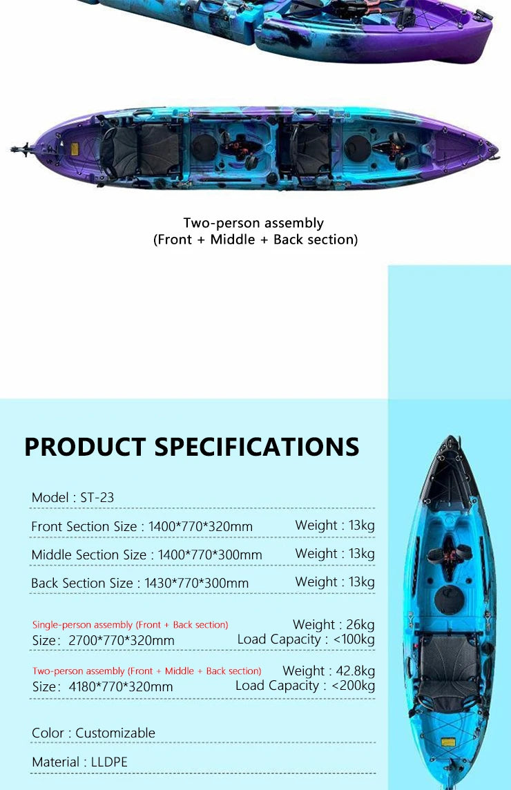 Beach Camp Portable LLDPE Kayak with Split Hard Shell, Electric/Pedal-Driven Canoe for Solo/Tandem Lake/Sea Adventures, Modular Assembly