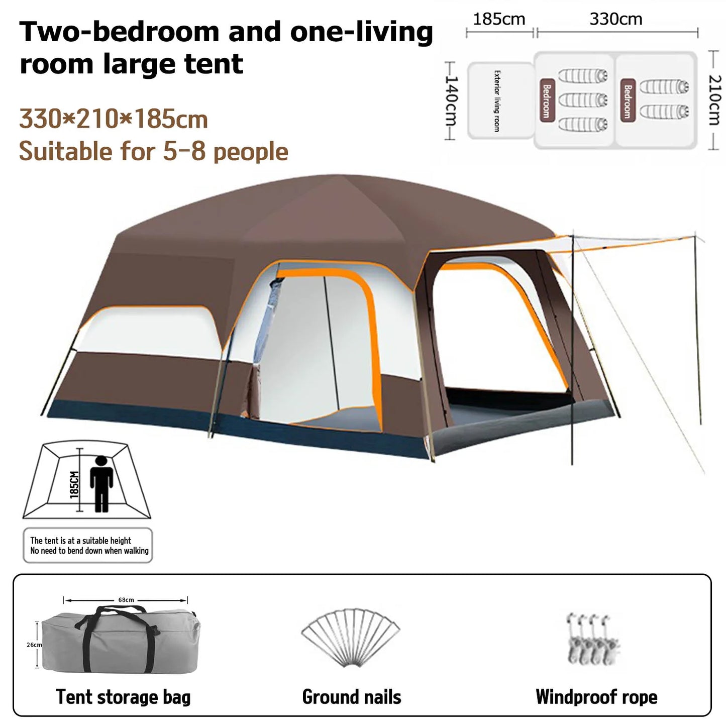 Beach Camp Outdoor Camping Family Tent, Thick Waterproof Family Camping Tour Equipment, Double Layer for 3-12 Persons, Oversized 2 Rooms