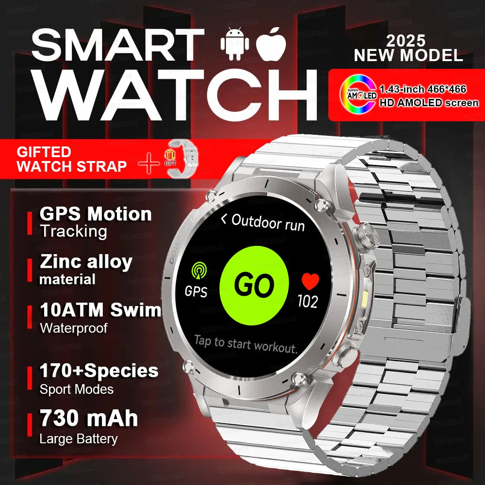 Beach Camp New GPS Smart Watch 1.43" Ultra HD Display Built-in GPS Compass 170 Sports Modes Voice Calling 10ATM Waterproof Smart Braceletes