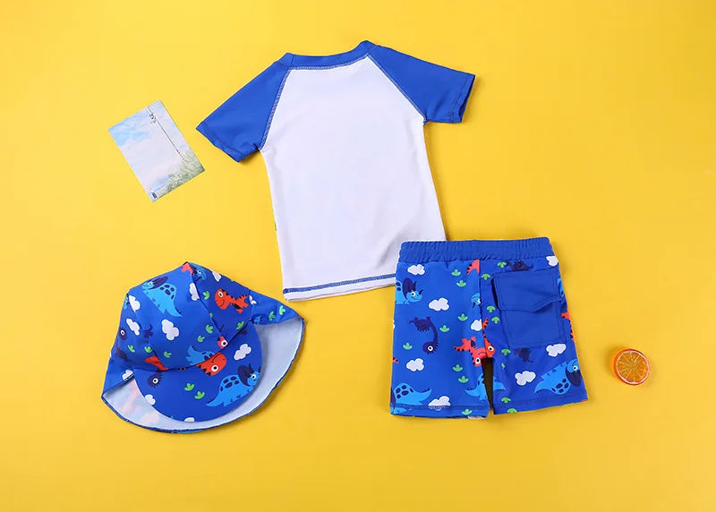 Beach Camp 2025 Summer Split Swimsuit Set Baby Boys Girls Long Sleeves/Short Sleeves Bathing Suit+Swim Shorts+Swimming Cap Three-piece Set