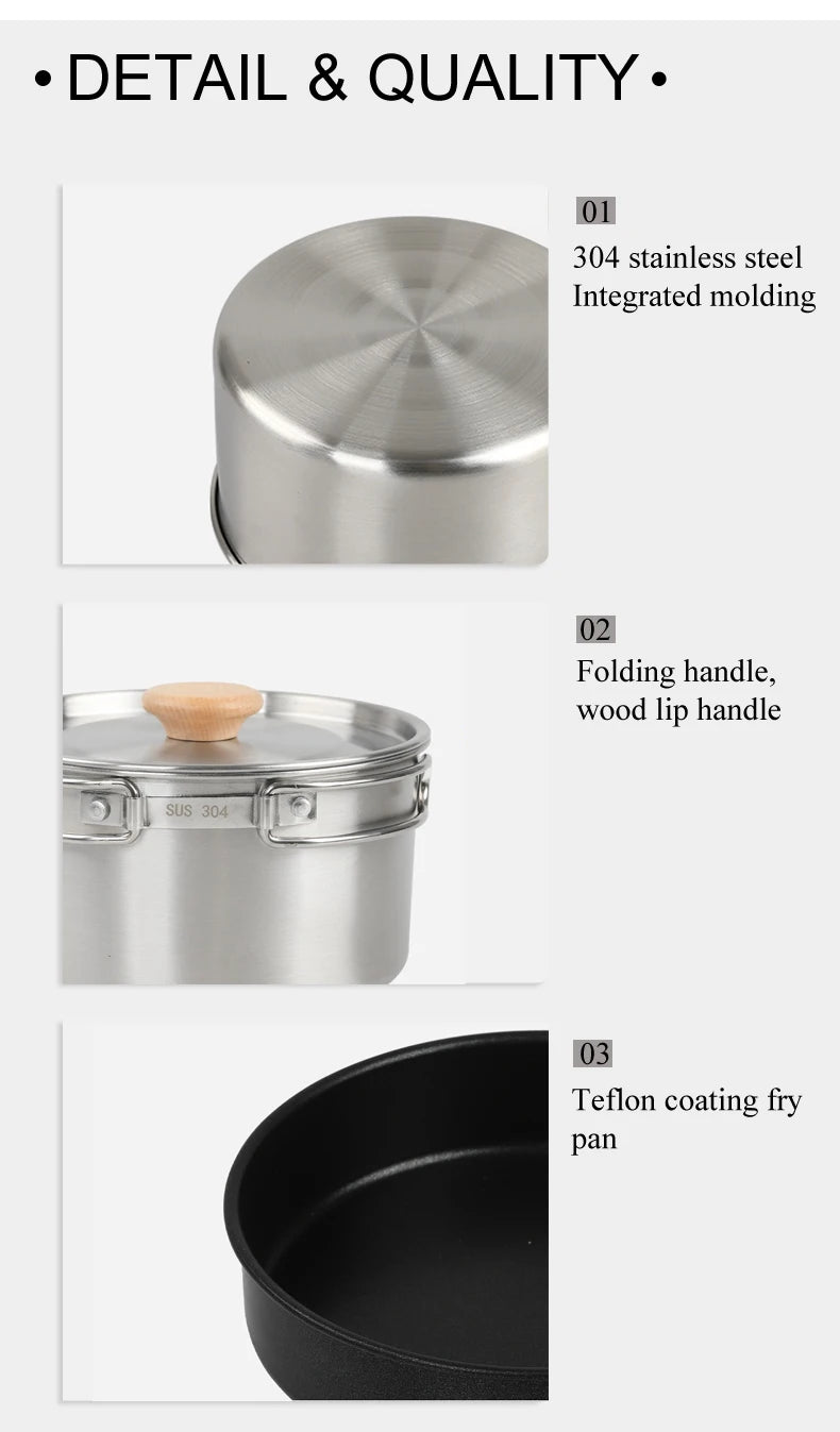 Beach Camp Stainless Steel Camping Cookware Set Kettle Pot Pan - Outdoor Cooking Essentials for 2-3 People