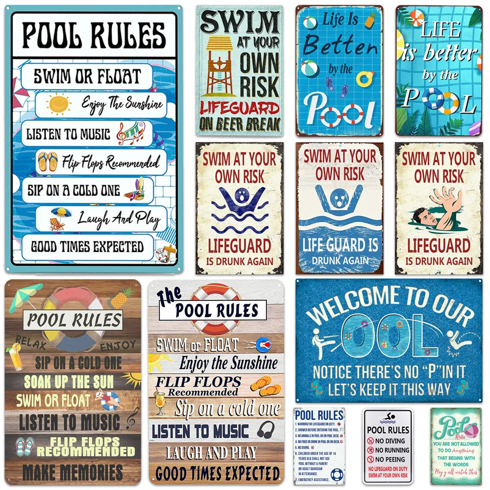 Beach camp Pool Rules Sign for Outdoor, Backyard Metal Swimming Pool Sign, No Diving No Running No Peeing No Lifeguard on Duty Sign