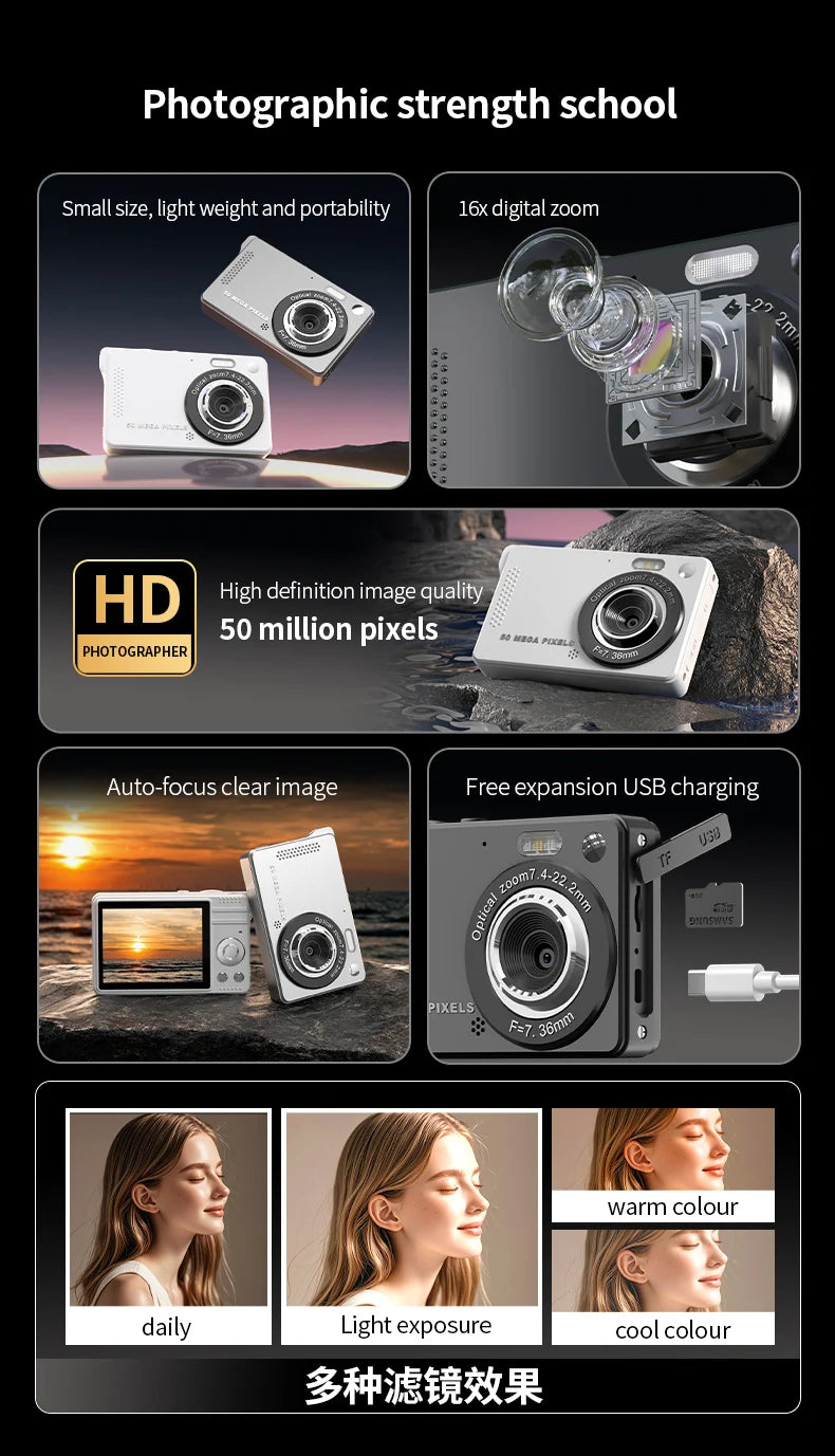 Beach Camp 4K Digital Cameras 50 MP Portable Vlogging Camera 16X Zoom Camcorder Camera 2.8 Inch LCD Screen for Photography and Video