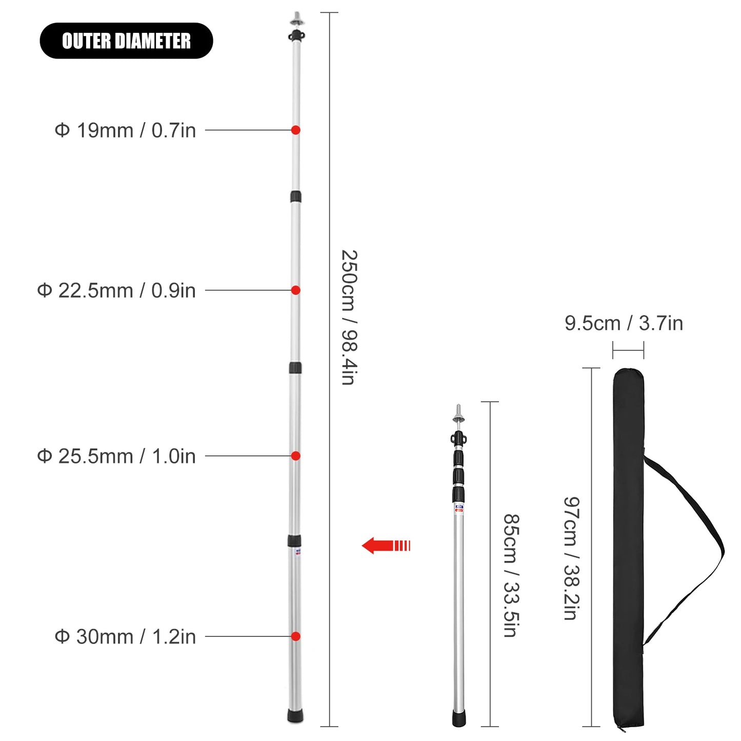 Thicken Aluminum Alloy Tent Pole Adjustable Tent Support Rod Beach Shelter Tarp Awning Pole Replacement Poles for Camping Hiking